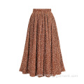 Printed Polka Dot Elastic Polyester Pleated Long Skirt